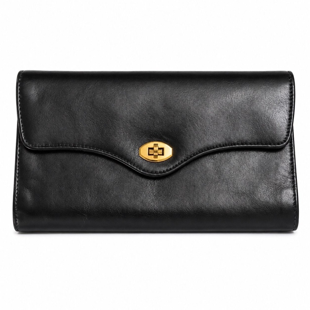 ⚜️99. 1950s Art Concorde Paris Black Leather Clutch Purse Gold Twist Lock